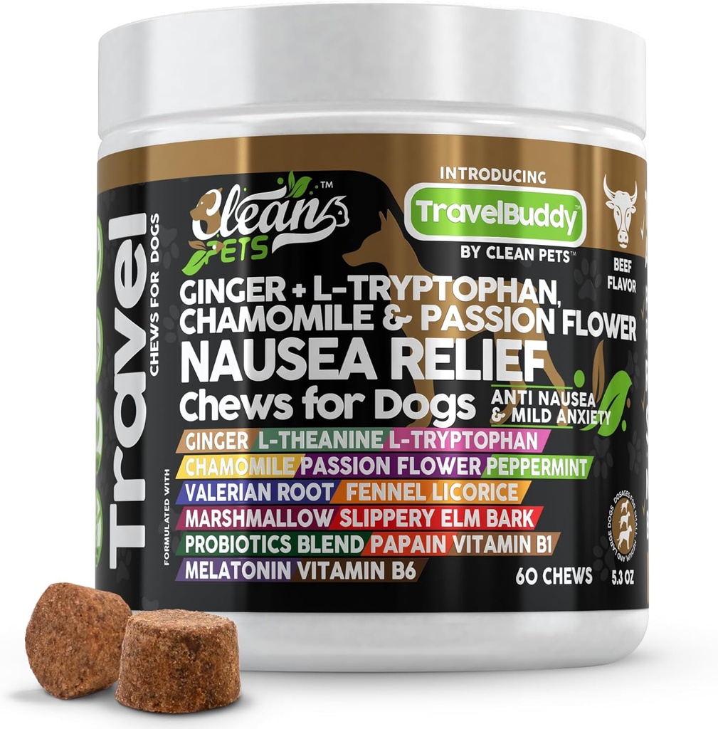Travel Chews Alivio de Nausea para perros ← Ginger L-Tryptophan Chamomile Passion Flower L-Theanine Peppermint Valerian Root Fennel Licorice Root Marshmallow Root Slippery Elm Melatonin Chew