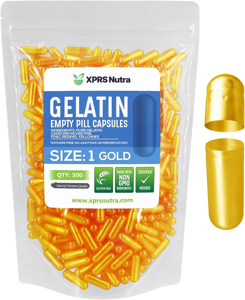 XPRS Nutra Size 1 Empty Capsules - 500 Count Empty Gelatin Capsules - Pills DIY Capsule Filling - Pure Bovine Pill Gel Caps for Do-It-youself Supplements (Gold)