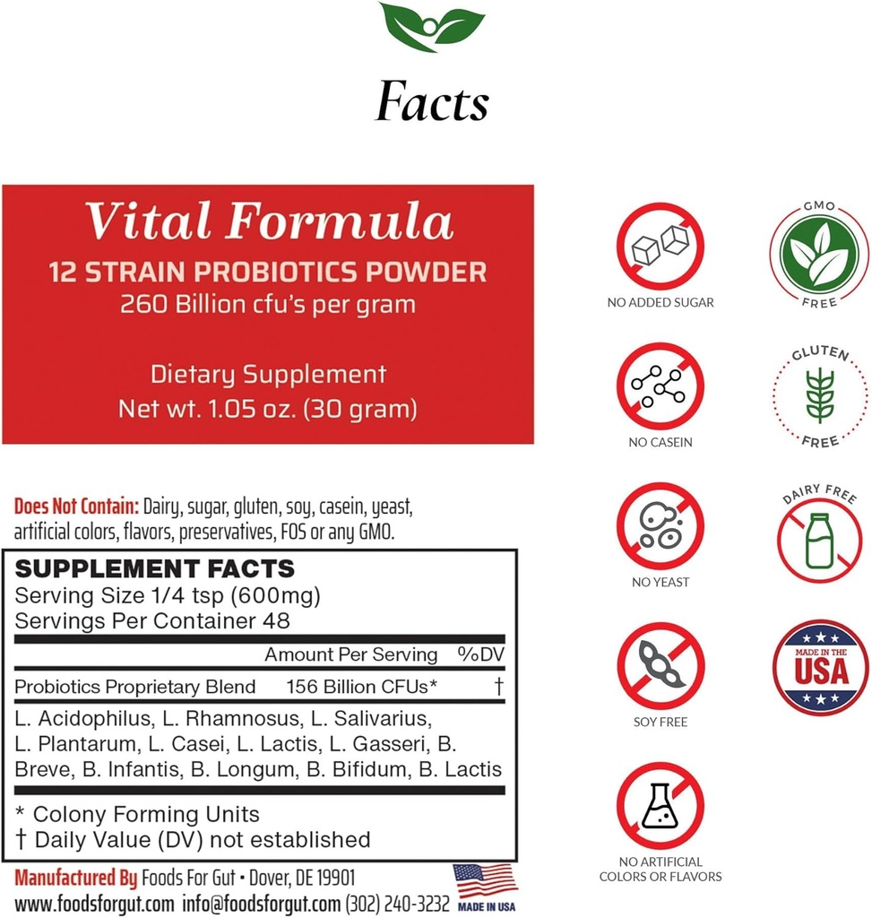 Alimentos para Gut Vital Fórmula 12 Strain Probióticos Polvo 260 Billones CFU Silencio Hecho en EE.UU. Silencio Digestivo &amp; Apoyo Inmunitario TEN High Potency ← 30 Grams (1.05 Oz)