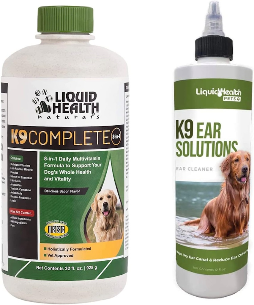LIQUIDHEALTH Pets K9 Complete 8-in-1 Multivitamin for All Dogs & Puppies & K9 Ear Wash Solutions - Pet Health Supplement Bundle for Joint &amp; Immune Support, Dog Ear Cleaning Treatment - Made in USA