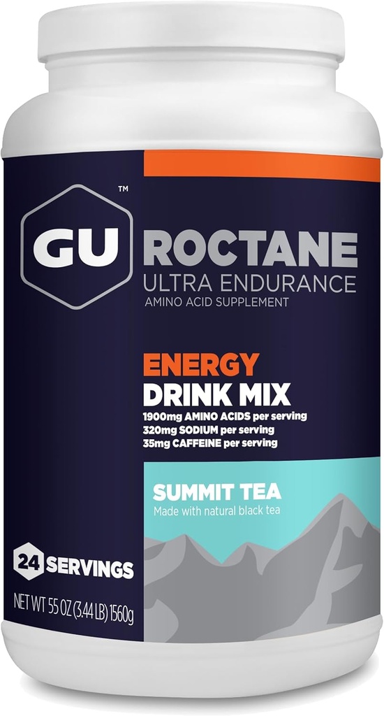 GU Energy Roctane Ultra Endurance Energy Drink Mix, Vegan, Gluten-Free, Kosher, 35 mg de Caffeine y Dairy-Free n-the-Go Energy for Any Workout, 3.44-Pound Jar, Summit Tea