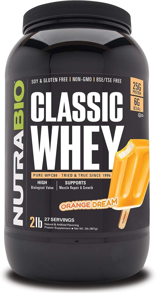 NutraBio Classic Whey Protein Powder- 25G de Protein Por Scoop - Full-Spectrum Amino Acid Profile - No Fillers, Colores artificiales, conservadores - Orange Dream, 2 libras