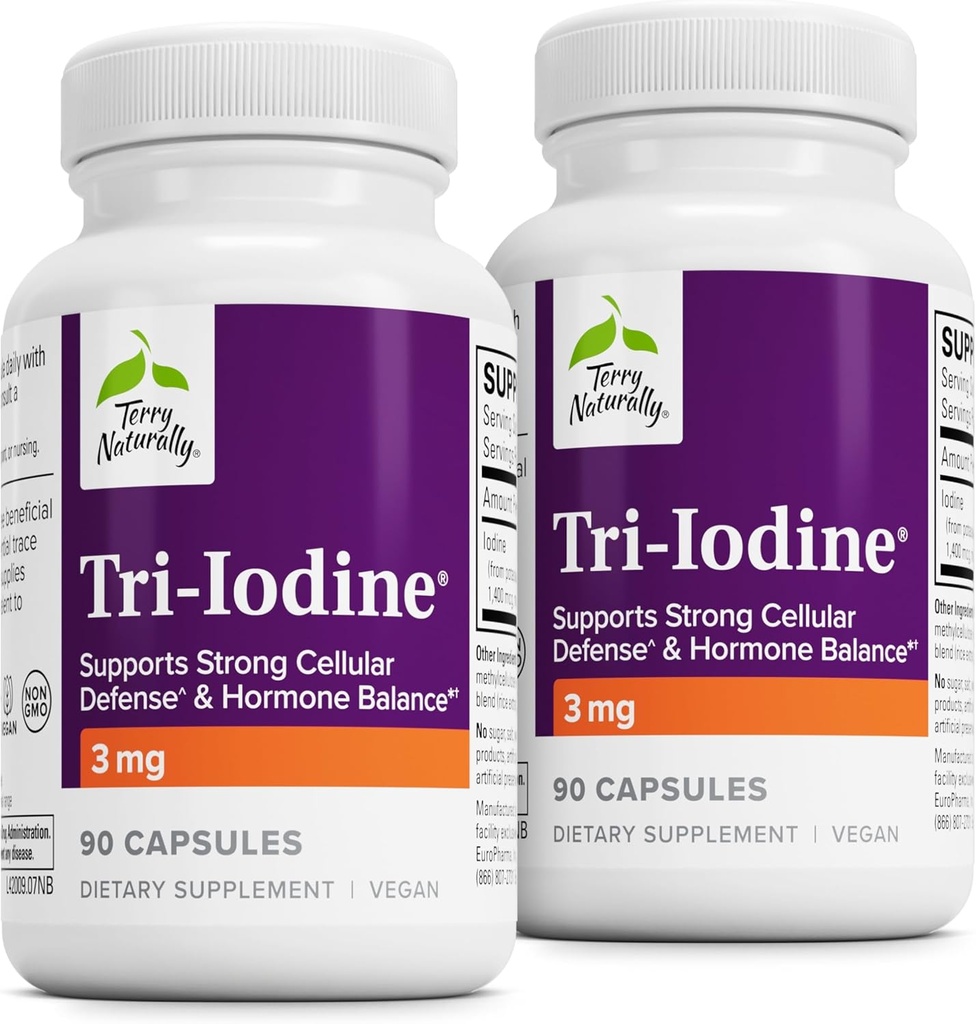 Terry Naturalmente Tri-Iodine - Suplemento dietético para el apoyo a la salud de mama y próstata - Función tiroidea saludable Suplemento Ayuda - 3 mg, 90 cápsulas, 2 paquete