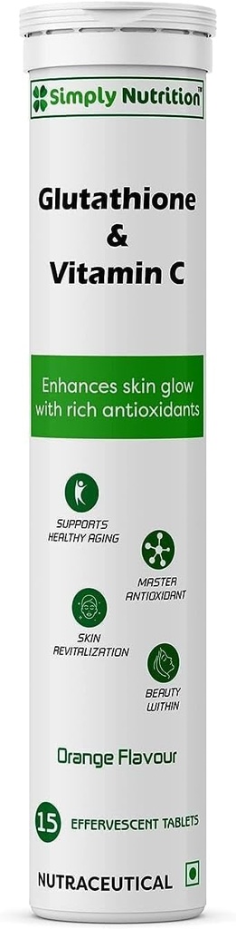 Glutathione con vitamina C, para la piel sana y juvenil - Tono de piel de noche para hombres &amp; mujeres. Libre de azúcar, sabor a naranja, 15 tablas efervescentes (Pack de 1)