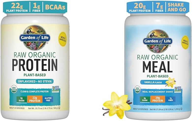 Jardín de la vida Pólvora orgánica vegetariana desinflavorada 22g Proteína vegetal completa Proteína cruda y pólvora de proteína vegana - Roturas de sustitución de carbón orgánico crudo - Vainilla - Pea Protein