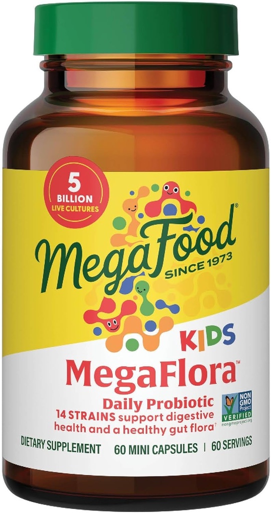 MegaFood MegaFlora Kids Probiotics - 5 Billion CFUs - Non-GMO, Vegetariano, Sin 9 Alérgenos Alimentarios, Probióticos para la Salud Digestiva- 60 Mini Capsules (60 Servings)
