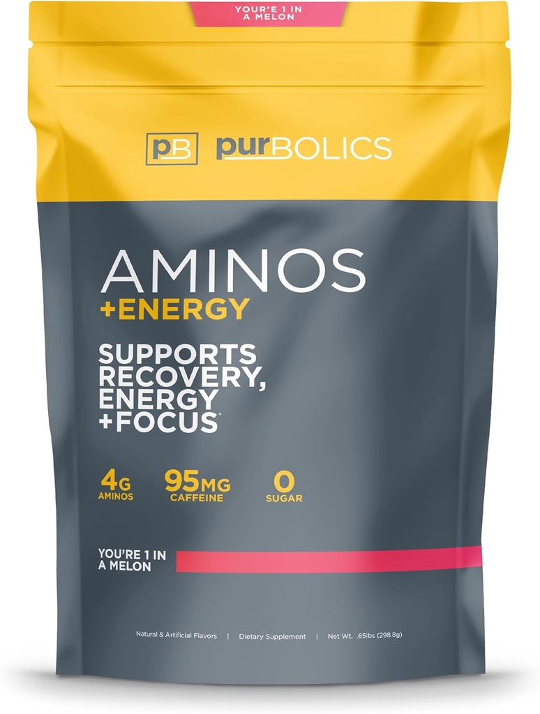 Purbolics Aminos + Energy tención apoya la recuperación, la energía y el foco  durable 95mg de Caffeine, 0 Azúcar & 60 Servimientos (Usted es 1 en A Melon)