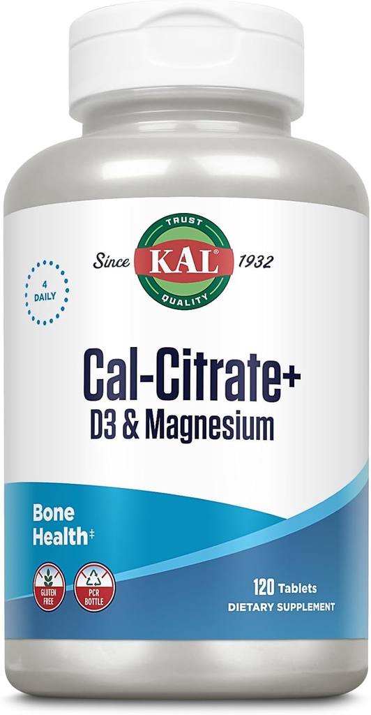 KAL Cal-Citrate+, Calcium Citrate Plus Vitamina D-3 y 500 mg de Magnesio, Huesos Saludables y Apoyo a los Dientes, Gluten Gratis y Laboratorio Verificado para Calidad, 30 Serviciones, 120 Tabletas
