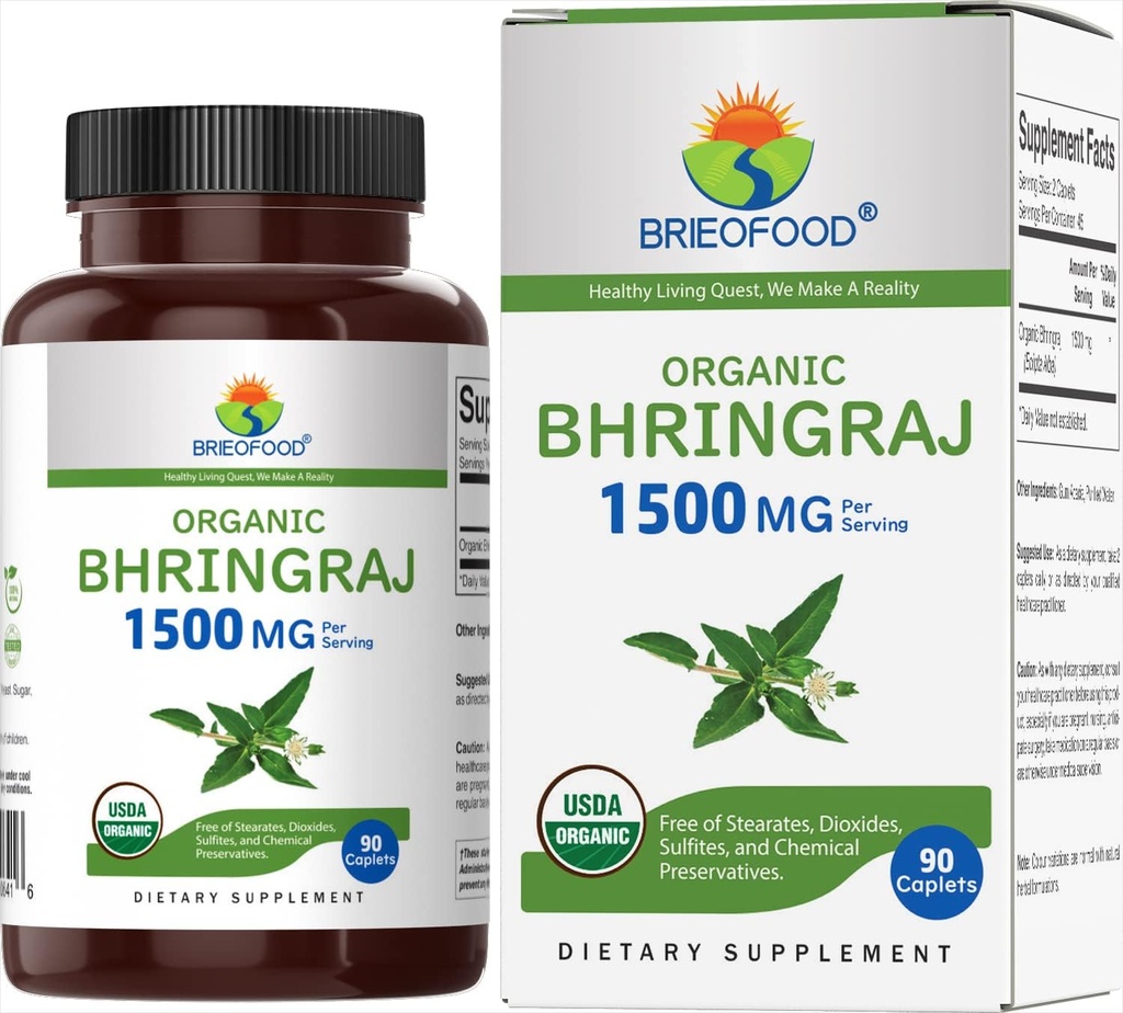 Brieofood Organic Bhringraj 1500mg, 45 Servings, Vegetarian, Gluten Free, 90 Tablets Vegetarianos
