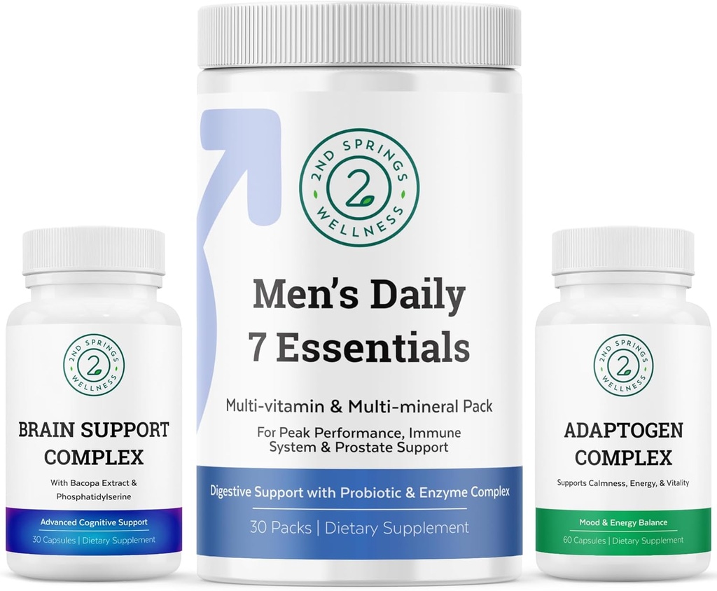 Wellness Hombres Brain Bundle - Complejo de Apoyo Cerebral, Hombres Daily 7 Essentials, y Complejo Adaptógeno