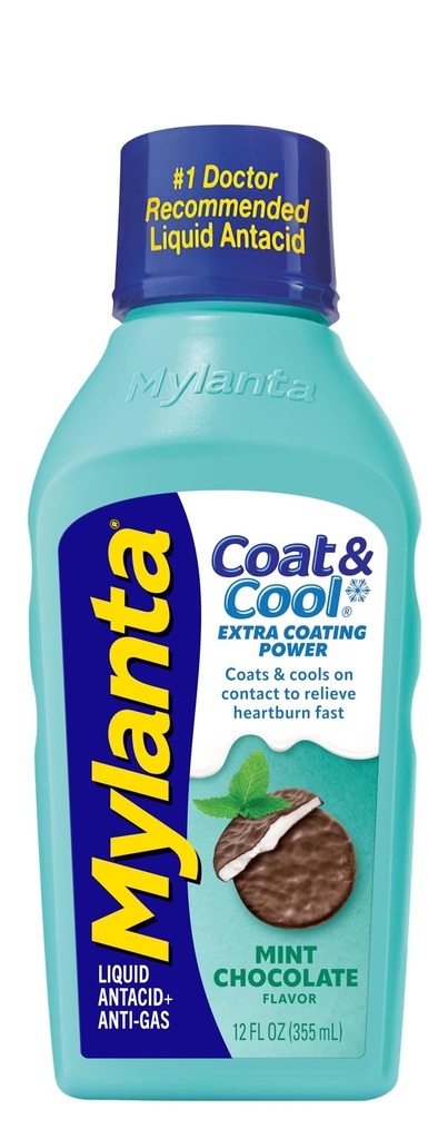 Mylanta Heartburn and Gas Relief, Liquid Antacid, Coat & Cool Formula, Mint Chocolate Flavor, 12 Fl Oz