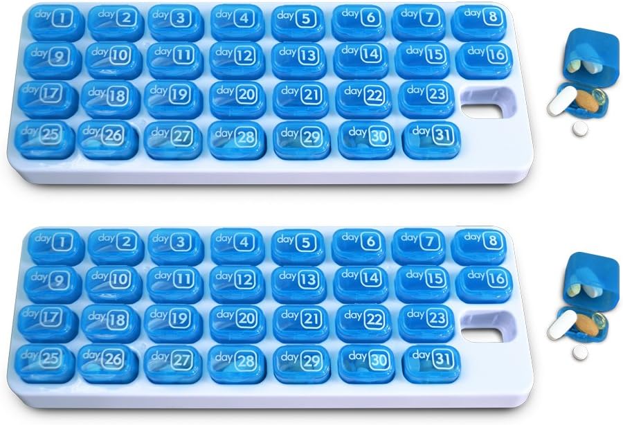 31 días Organizador mensual de píldoras con Pocket Pocket Poll Pods and Storage Tray for Vitamins, Supplements, Home, Work or Travel - 2 Pack Blue