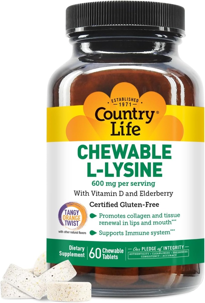 Country Life Chewable L-Lysine Suplemento con Vitamina D y Elderberry, Immune Support y Collagen Renewal for Skin Tissue, Ideal para adultos