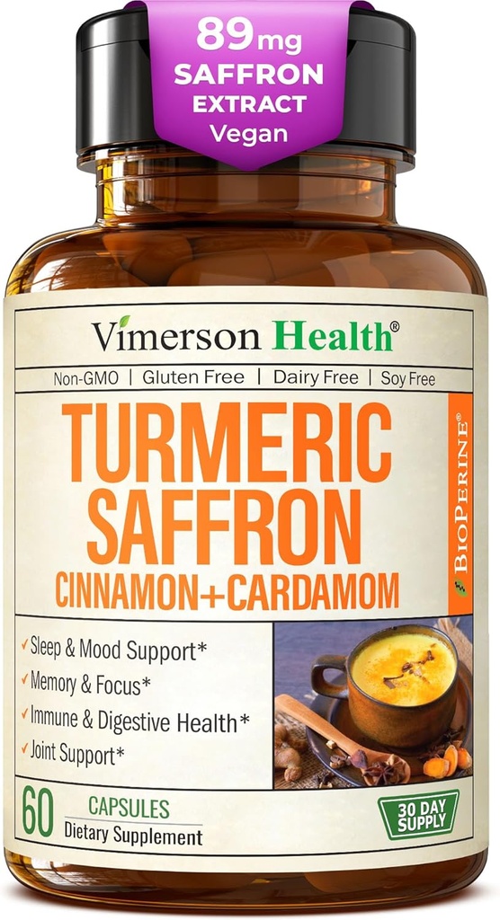 Suplementos Saffron – 89mg Saffron Extract y 1000mg Tumeric Blend – Suplemento Turmérico con Ceylán Canela y Cardamomo para Mood, Memoria y Salud Ocular – Suplementos Conjuntos para Mujeres y Hombres – 60 Cuenta