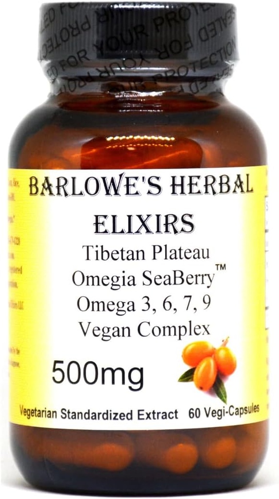 Barlowe's Herbal Elixirs Omegia SeaberryTM ← Sea Buckthorn  Complete Omega 3, 6, 7, 9 Fatty Acids ← 500mg Per Capsule ← 60 Veggie Capsules ← Glass Bottle ← Stearate Free
