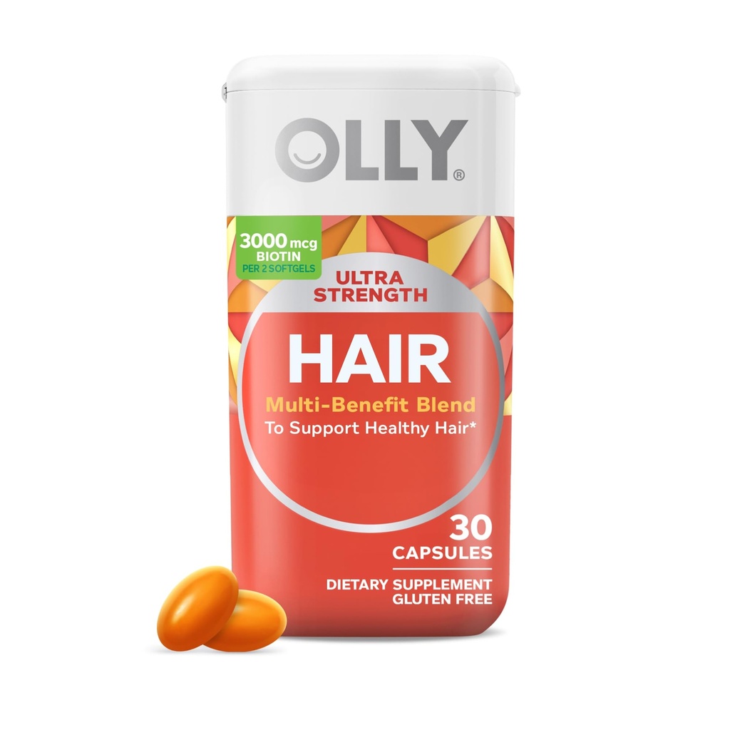 OLLY Ultra Strength Hair Softgels, soporta Hair Health, Biotin, Keratin, Vitamina D, B12, Hair Supplement, 30 Day Supply - 30 Count (Packaging May Vary)