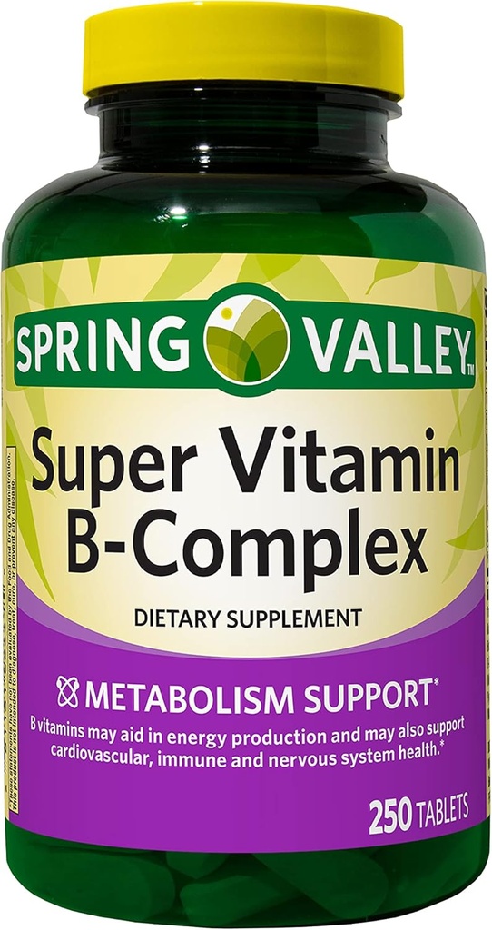 Augu Spring Valley Super Vitamina B-Complex, Metabolismo Apoyo, Tablas Suplemento dietético, 250 Cuenta