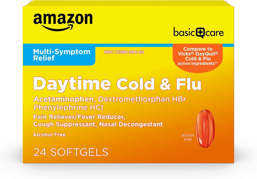 Cuidado Básico Temporada del día Cold y Flu Relief Softgels, Medicina Fría no Drowsy, Alivio del Dolor, Fiebre, Tos, Garganta Sore, Congestión Nasal, 24 Cuenta