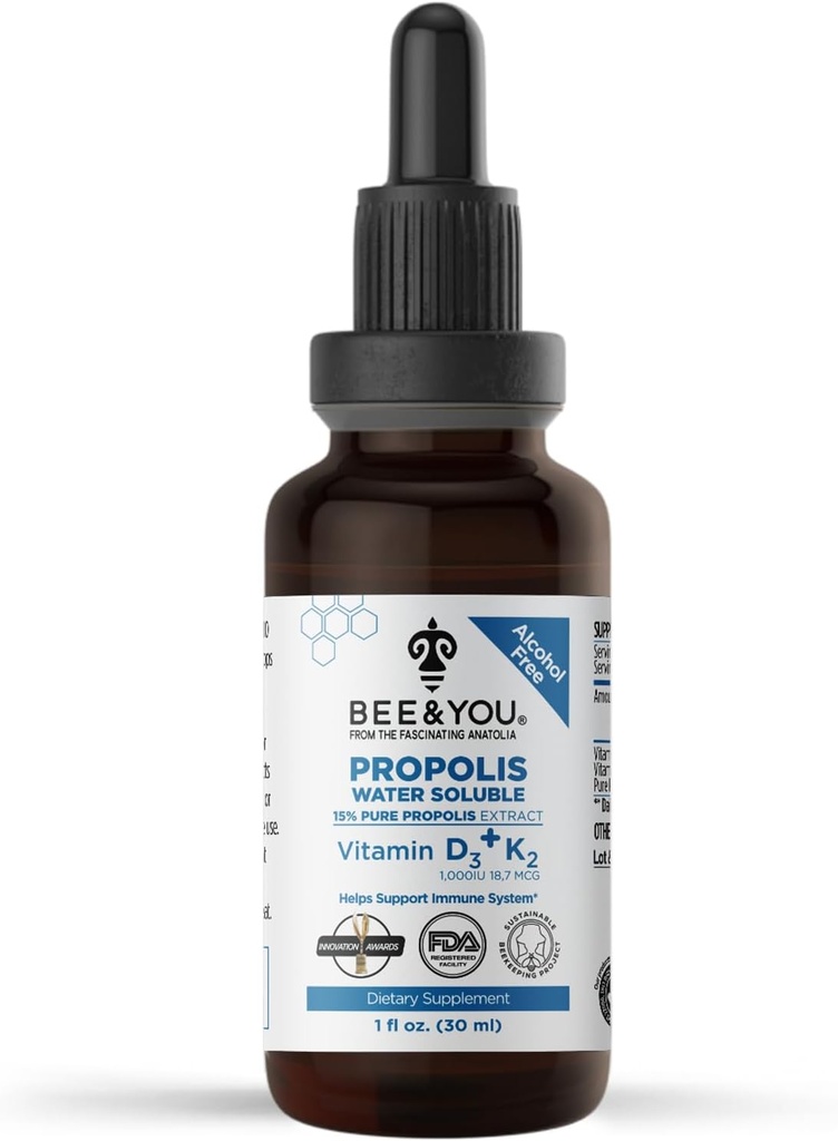 Extracto de BEE y You Liquid Propolis, Soluble de Agua, Vitaminas D3+K2, Alta Potencia, Suplemento de Apoyo Inmunitario, Sore Throat Relief, Antioxidantes, Keto, Paleo, Libre de gluten, 1 Fl Oz (1 Pack)