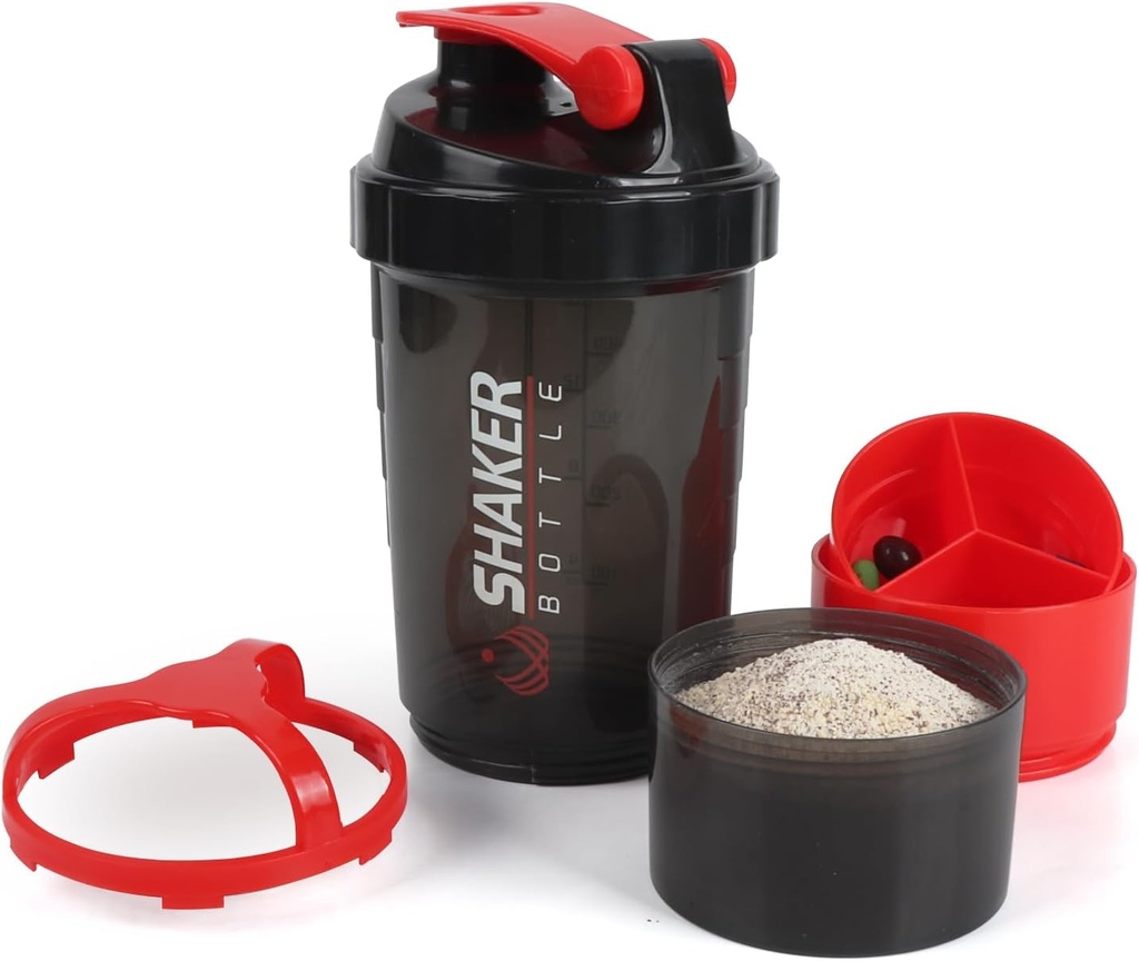 Botella de Shaker,16oz Botellas Protein Shaker con bola de mezcla, 3 en 1 Copa de afeitado GYM resistente a la fuga con bandeja de almacenamiento de polvo, ideal para entrenamiento,BPA Free(Red)