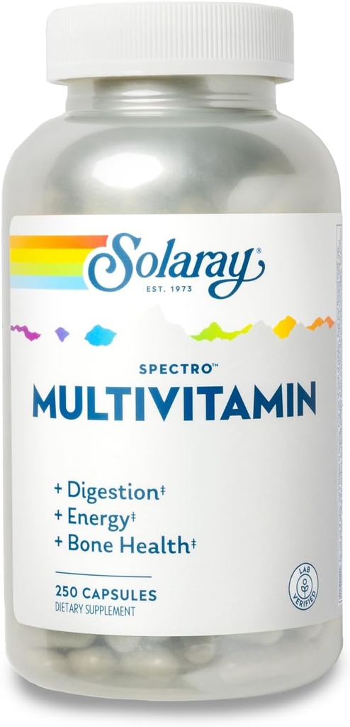 SOLARAY Spectro Multivitamínico con Hierro - Multi Vitamina con Calcio, Magnesio, Verdes Energizantes, Hierbas y Enzimas Digestivas - Digestión, Energía y Soporte de Salud de Hueso (41 Serv, 250 CT)
