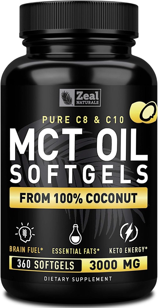 Pure MCT Oil Capsules (360 Softgels TEN 3000mg) 4 Month Supply Keto Pills w Coconut no refinado - C10 &amp; C8 Brain Fuel, Energy, Octane Ketosis