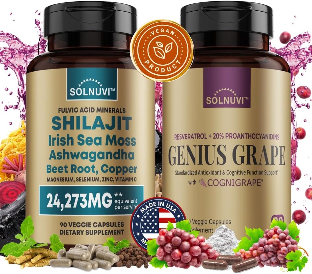 Cognitive Wellness Bundle - Reveratrol Complex " Shilajit Fulvic Acid Minerals - Sea Moss, Ashwagandha, Clinically Tested Cognigrape Red Grape Extract - Non-GMO, Gluten-free, Vegan Supplement