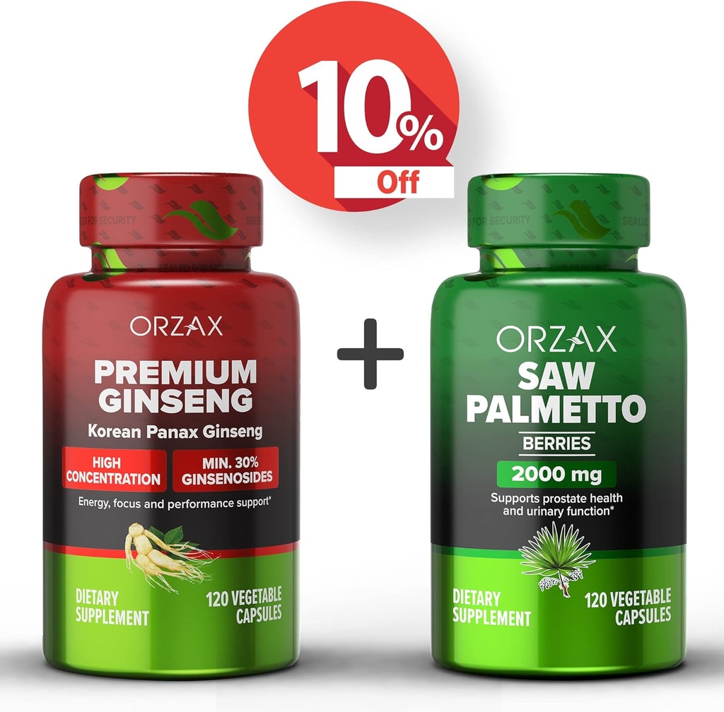 Ginseng ORZAX, 30% Ginsenosides 120 Vegatable Capsules y Saw Palmetto 2000 mg 120 Vegetable Capsules, Bundle