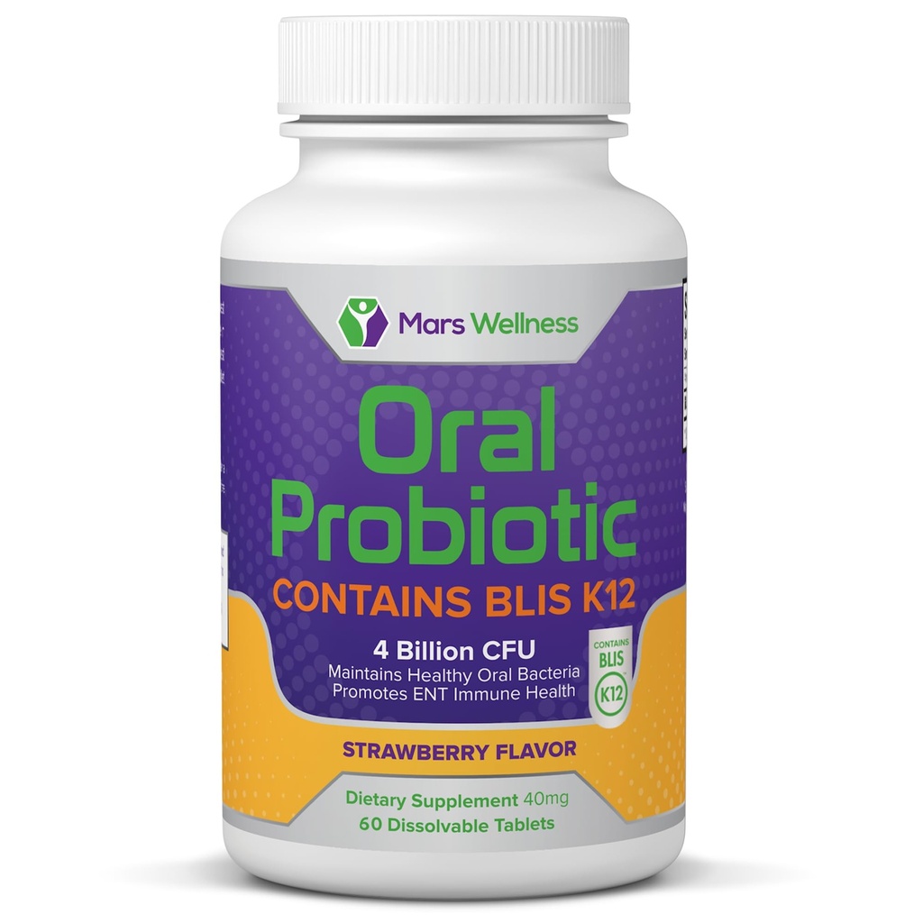 Oral Probiotic Supplement with BLIS K12 4 Billion CFU - Ahora Dairy Free 60 Day Supply Bottle for Bad Breath, Strep, Cavities, Gum Oral and Dental Health - Sugar Free - USA Made - 60 Count