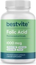 BESTVITE Folic Acid 1000mcg (Vitamin B9) (240 Capsules Vegetarianos) - No Dicalcium Phosphate - No Stearates -No Silicon Dioxide - Non GMO - Gluten Free