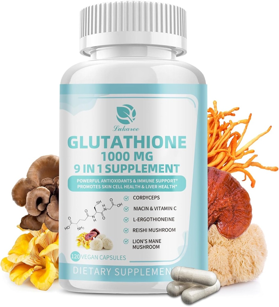 Glutathione Suplemento 1000 mg, Suplemento de setas con vitamina C, Niacina - Detox vivo, Apoyo inmunitario y antioxidante, Reducido L-Glutathione 120 cápsulas veganas - No GMO