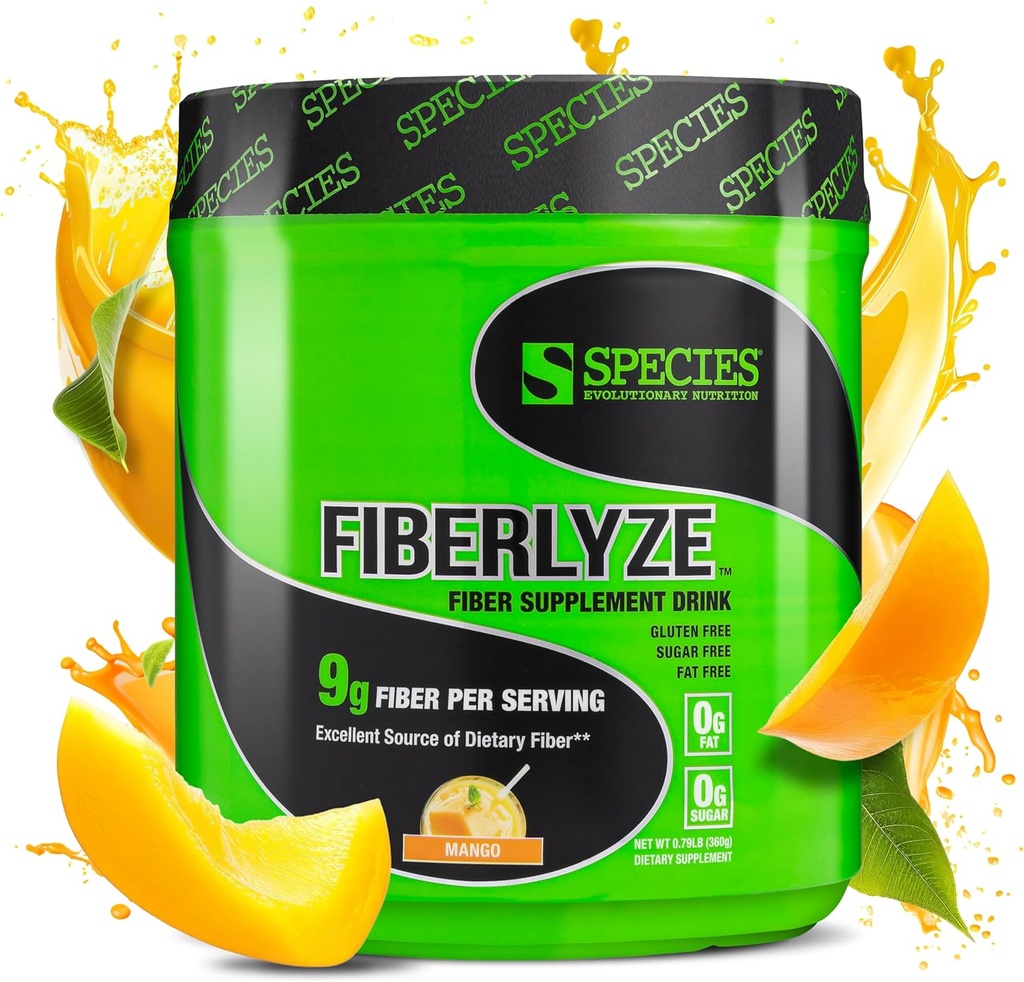 Especies Nutrición Fiberlyze Fiber Supplement, Psyllium Based Soluble & Insoluble Fiber Powder for Healthy Colon, Digestive Functions (Mango, 30 Servings)