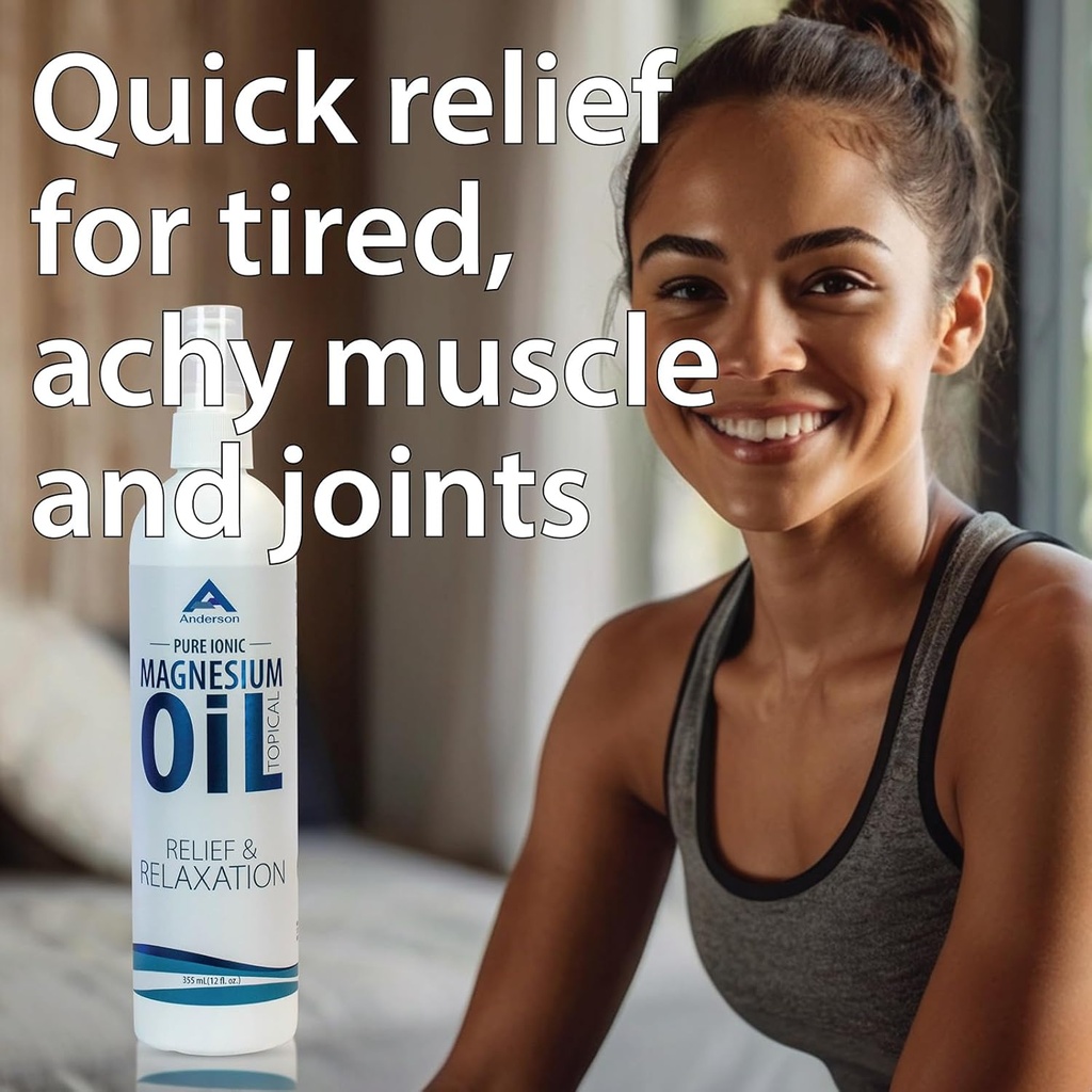 Anderson Magnesium Oil Spray para Alivio y Relajación Silencio 12oz Bottle ← Topical Ionic Magnesium ← Promueve Relajación, Alivio de Muscle Cramps TEN Made in The USA