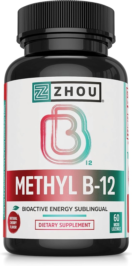 Zhou Methyl B12 - Metil B-12 Suplemento para Mujeres &amp; Hombres, Vitamina B12 5000 mcg, Vegan Friendly, Cellular Energy and Nerve Function Support, Methylcobalamin - 60 Micro Lozenges