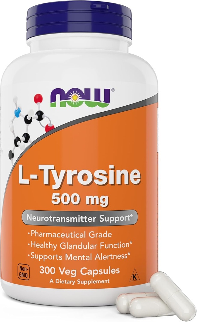 Now Foods L-Tyrosine 500mg, 300 Capsules - Non GMO - Supports Mental Alertness - 500 mg Caps - Free Form Supplement