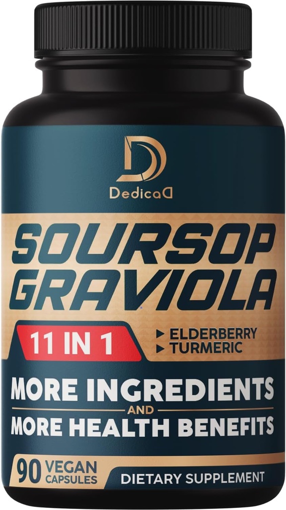 Soursop Graviola Capsules - 3 Months Supply - 9450mg Por Serving - 11 Herbs Elderberry, Turmeric Curcumin, Ginger Root, Milk Thistle - Mood, Mind, Body & Immune Support - 90 Vegan Capsules