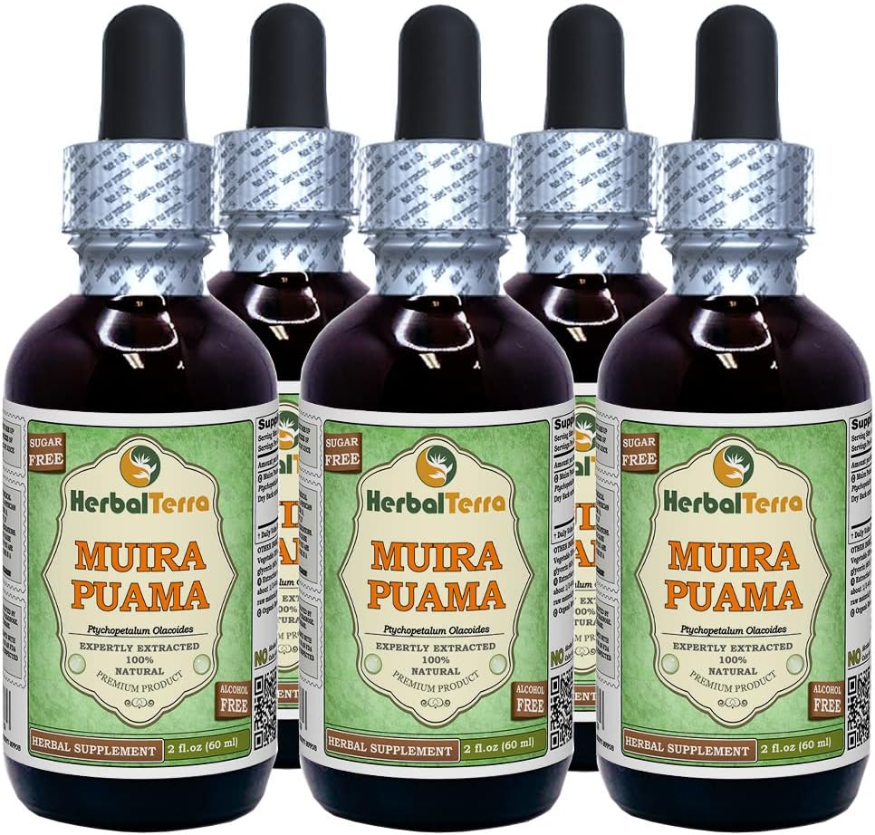 Muira Puama (Ptychopetalum Olacoides) Glycerite, Ecológico Alcohol-Free Liquid Extract (Marca: HerbalTerra, Proudly Made in USA) 5x2 fl.oz (5x60 ml)