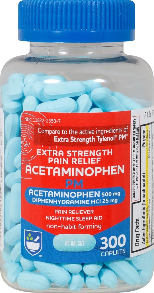 Rite Aid Extra Strength Pain Relief Acetaminophen PM Caplets, 500mg Acetaminophen / 25mg Diphenhydramine - 300 Conde - Nighttime Pain Reliever + Sleep Aid