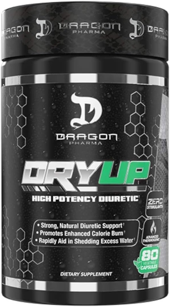 DRAGON PHARMA DryUp, High Potency Diuretic " Thermogenic Matrix, Flexible Use, Stim-Free Supplement, Perfect to Prepare for Competition or Photoshoots (80 Capsules)