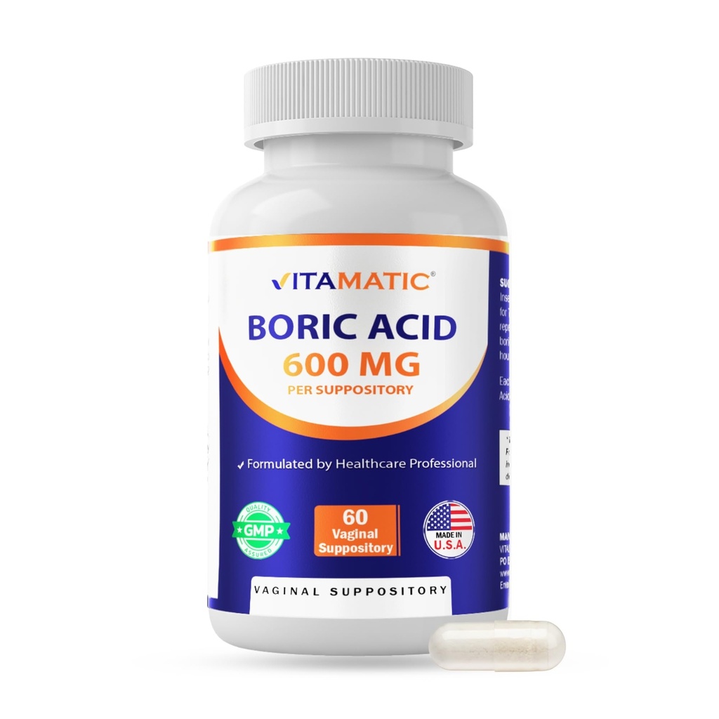 Vitamatic Boric Acid Vaginal Capsule Shell Suppositories 600 mg UP Grade Boric Acid en Vegetarian Capsule Shell - 60 Conde