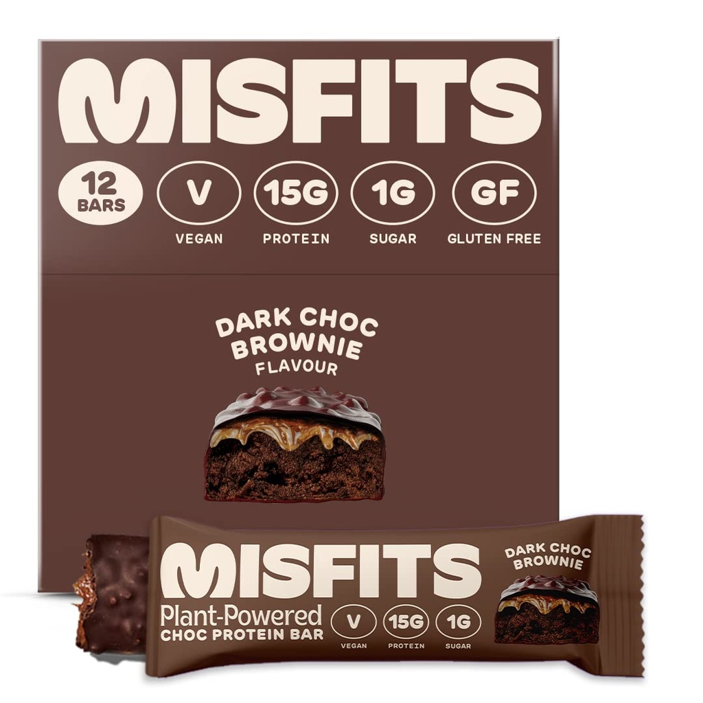 Misfits Vegan Protein Bares, Dark Chocolate Brownie - Receta original ¦ Gluten Free, Plant Based, Low Sugar & Carb, High Fiber Snacks ← Pack of 12