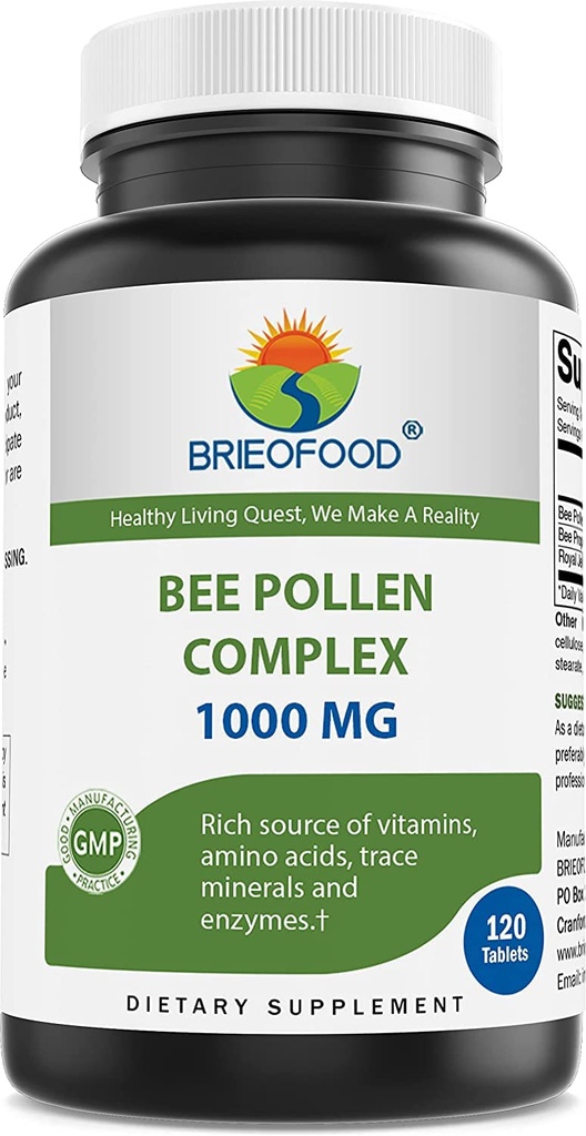 Brieofood Bee Pollen Complex 1000 mg 120 Tablets - Hecho con Bee Pollen, Bee Propolis, & Royal Jelly Powder