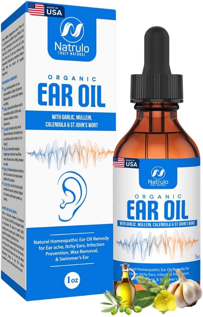 Aceite de oído orgánico para la infección del oído - Natural Eardrops for Earache Prevention, Swimmer's Ear &amp; Wax Removal - Niños, Adultos, Bebé, &amp; Dog Earache Remedy - con Mullein, Ajo, Calendula Made in USA