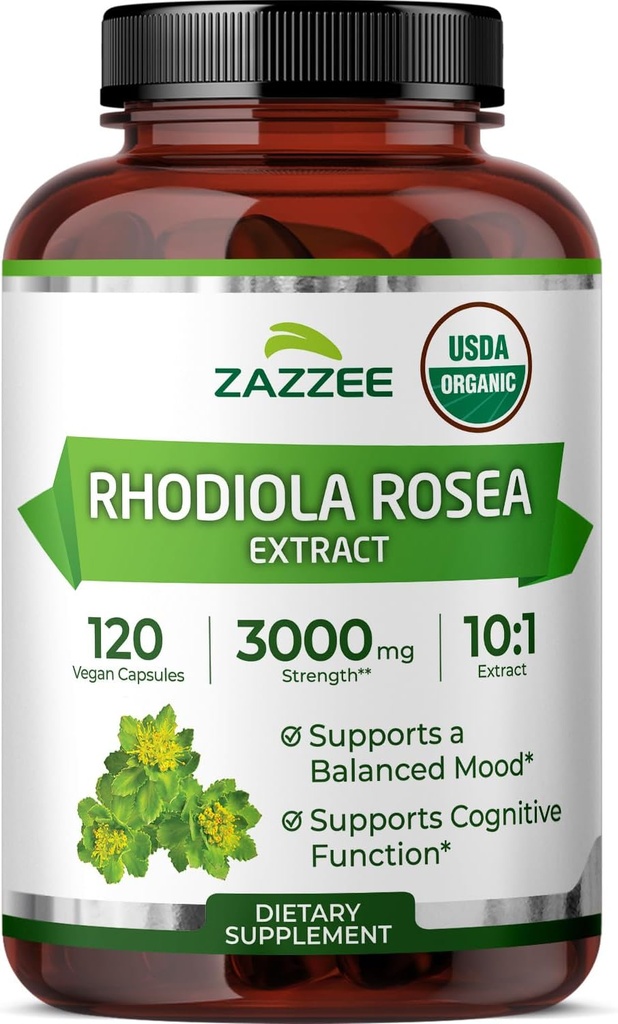 Zazzee USDA Organic Rhodiola 10:1 Exract, 3000 mg Strength, 120 capsules, 4 Month Supply, Standardized and Concentrated 10X Extract, 100% Vegetarian, Extra Strength, All-Natural and Non-GMO