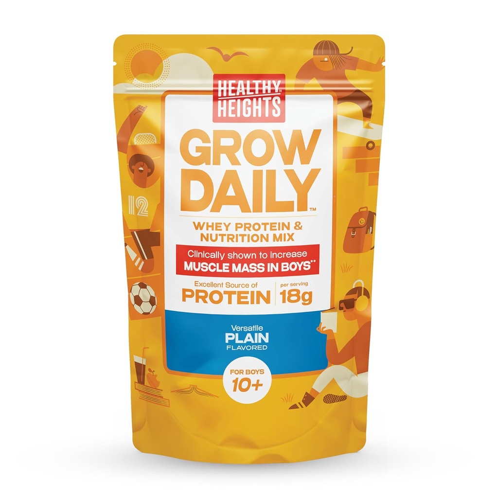 Crecimiento saludable de las alturas Daily Kids Protein Drink Mix (Plain) - High Protein Shake for Boys 10+