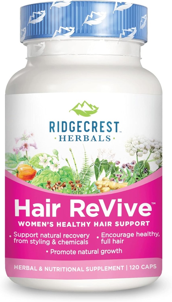 RidgeCrest Herbals Hair ReVive, Suplemento nutricional para el cabello con vitamina C, Biotina (6000mcg), zinc y cobre, Vitaminas para el cabello para las mujeres para apoyar el cabello saludable, la piel y las uñas (120 caps, 30 servidos)
