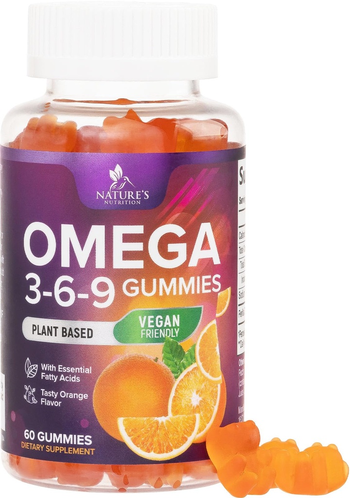 Omega 369 Gummies - Vegan Triple Omega 3 Suplemento Gummy - ácidos grasos esenciales Aceite 3 6 9 Complejo Corazón Soporte y Cerebro Soporte para Mujeres, Hombres &amp; Embarazo, Fish Free Non-GMO, Orange - 60 Gummies
