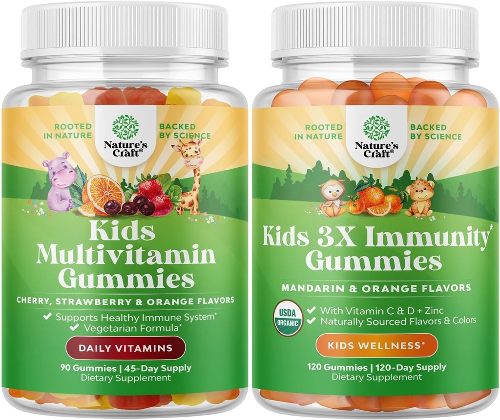 Bundle of Plant Based Kids Multivitamin Gummies - with Vitamins A, C, D3, E, B6 &amp; B12, Zinc & Iodine and Organic Kids Immune Support Gummies - Vegan Organic Vitamin D with Vitamin C and Zinc