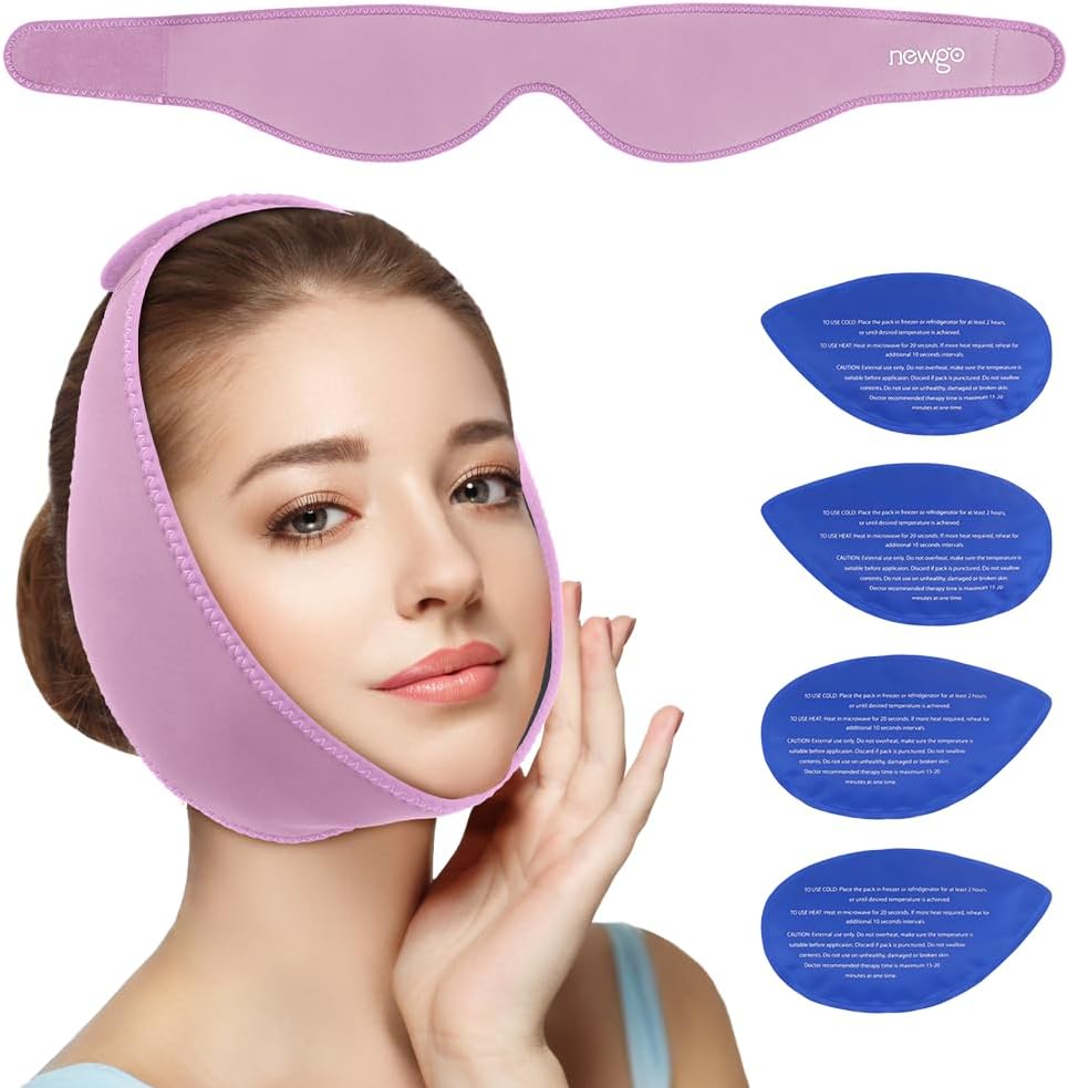 NEWGO Wisdom Teeth Ice Pack Head Wrap for Face Oral Surgery, Jaw Ice Pack for Face with 4 Hot Cold Gel Pack for TMJ, Tooth Extraction, Tonsillectomy Recovery - Purple