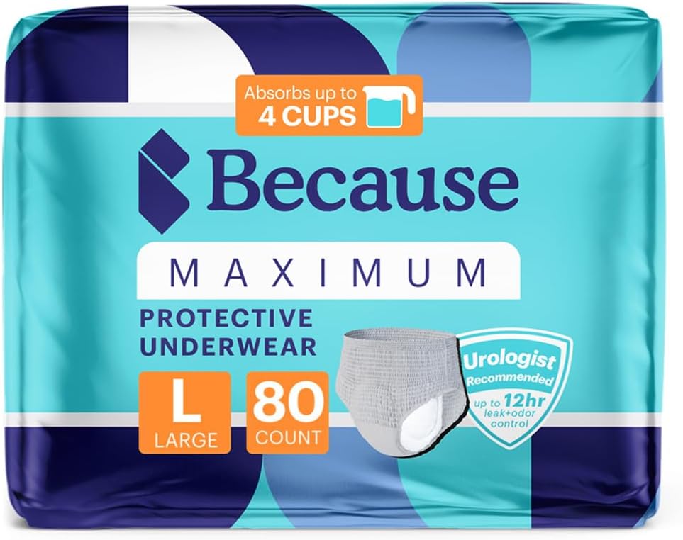 Debido a la máxima incontinencia ropa interior para hombres - Protección de Leak de la vejiga pesada, Ideal para Leakage de la noche, Sleek, Invisible Fit, Gris, Grande - Absorbs 4 Copas - 80 Cuenta (4 Packs de 20)